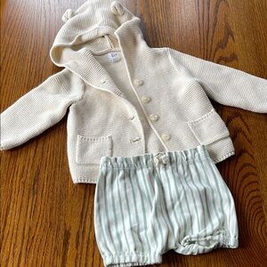 Cozy Cream Knit Baby Cardigan with Striped Shorts